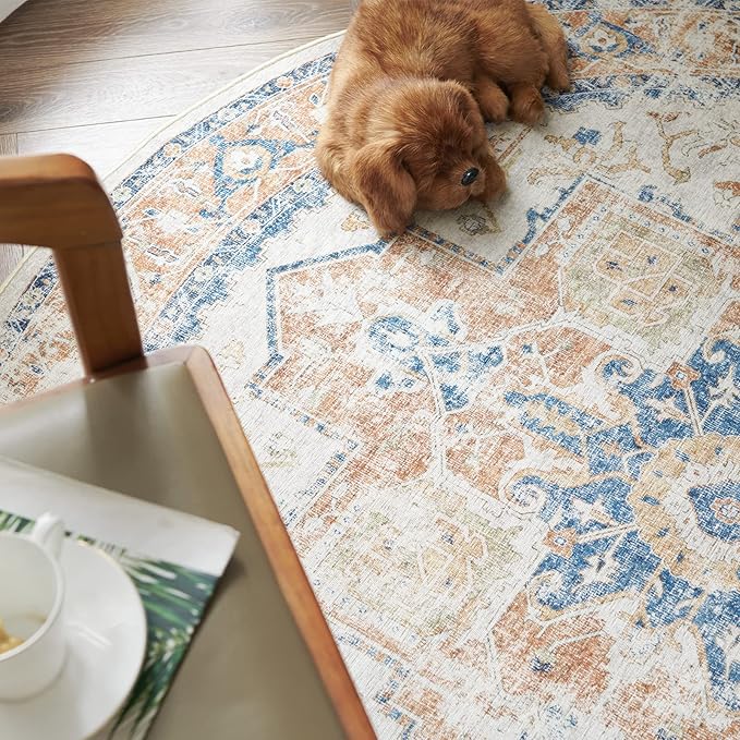 jinchan Round Rug 8ft Washable Area Rug Indoor Vintage Bedroom Floor Cover Distressed Circle Mat 8' Round Lightweight Non Slip Low Pile Thin Farmhouse Carpet for Living Room Dining Room Orange