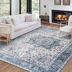ReaLife Rugs Machine Washable Area Rug Runner - Living Room Bedroom Bathroom Kitchen Entryway Office - Padded Low Pile Stain Resistant Premium - Boho Farmhouse Vintage - Joy - Blue Ivory 3' x 5'