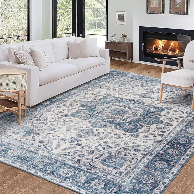 ReaLife Rugs Machine Washable Area Rug Runner - Living Room Bedroom Bathroom Kitchen Entryway Office - Padded Low Pile Stain Resistant Premium - Boho Farmhouse Vintage - Joy - Blue Ivory 3' x 5'