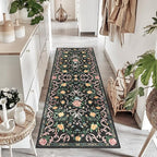 Washable Non-Slip Runner Rugs 2X6, Black Rug Boho Farmhouse Bow Floral Area Rug for Hallway Kitchen Bedroom Beside Laundry Room Bathroom Rug, Low Pile Stain Resistant Soft Floor Carpet