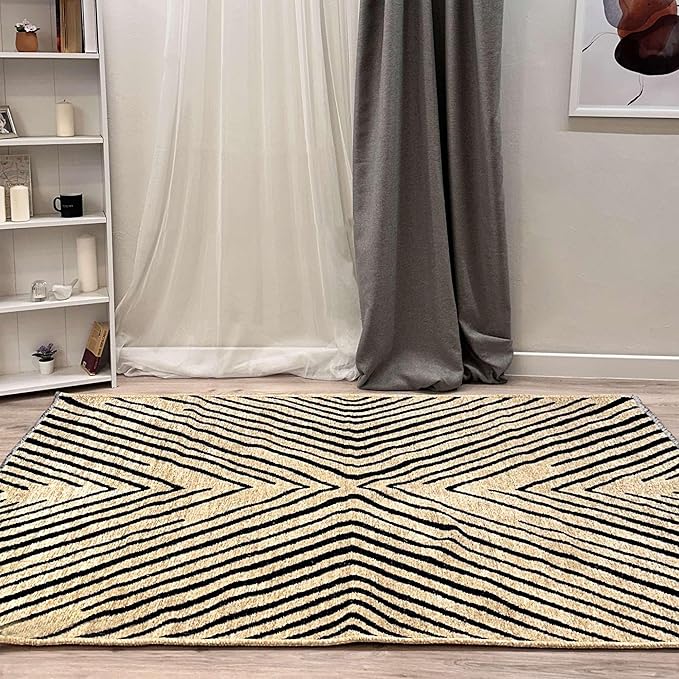 Alfa Rich 5x8 Geometric Beige Black Washable Area Rugs for Living Room Bedroom Kitchen Cotton Rug