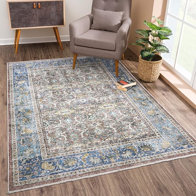 Bloom Rugs Washable Non-Slip 2x3 Rug - Blue/Red Brown Traditional Oriental Area Rug for Living Room, Bedroom, Dining Room, and Kitchen - Exact Size: 2' x 3'