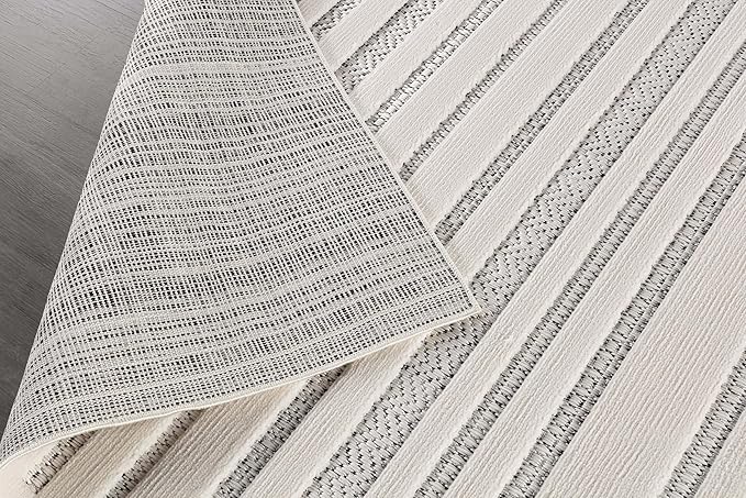 CAMILSON Modern Rug 5x7 Luxury Striped Line Micro Loop Area Rugs Soft High-Low Pile Stain Resistant Easy to Clean Non-Shedding Durable Living Room Bedroom Indoor Carpet (White)