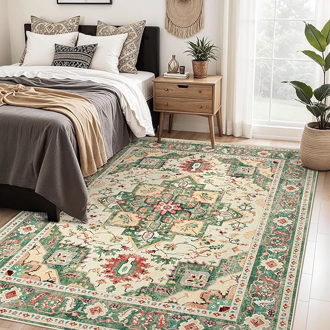 Area Rug 5x7 Washable Rug, Vintage Boho Medallion Rugs Non-Slip Soft Low Pile Large Distressed Rug Indoor Retro Carpet for Living Room Bedroom Dining Room Home Office (Green Beige, 5'x7')