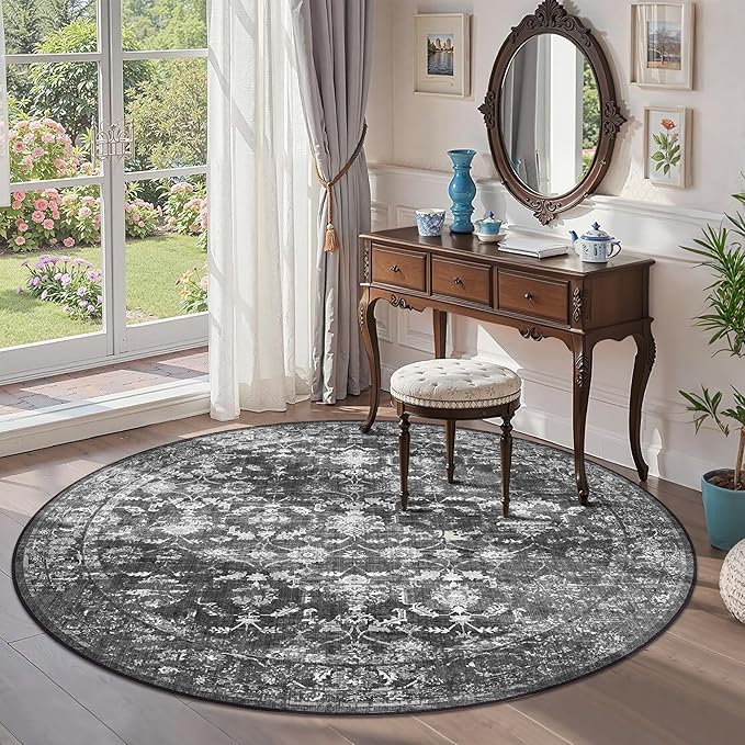 6ft Round Washable Area Rugs for Living Room, Vintage Boho Large Rug for Bedroom Dining Room Office, Distressed Floral Print Carpet for Under Table, Soft Non Slip Low Pile Throw Indoor Mat, Black