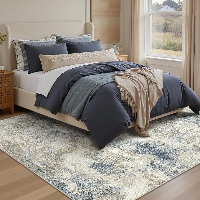 Bavni 8x10 Area Rugs Machine Washable Rug for Living Room, Modern Printed Rug Indoor Soft Area Rug for Bedroom Dining Room, Ultra-Thin Low Pile Carpet with Non Slip Rubber Backing, Gray Beige Blue