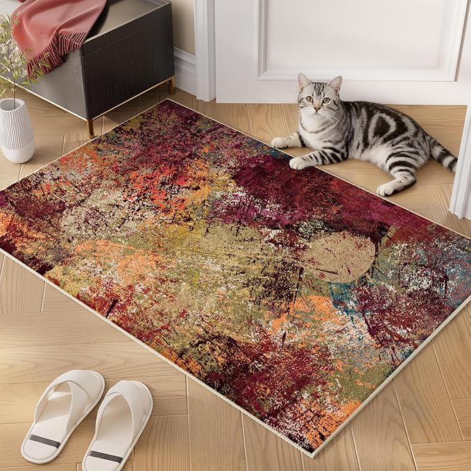 Arbosofe Modern Abstract Area Rug 2'x3' Washable Small Entry Rug, Short Pile with Non-Slip Backing Throw Rugs, Foldable Kitchen Bathroom Rugs, Small Rug with Abstract Pattern for Entryway Red Orange