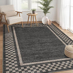 GarveeHome Area Rug 10x13 Living Room Rug Modern Bordered Soft Large Area Rugs for Bedroom Washable Checkered Dining Room Throw Carpet Non Slip Stain Resistant Geometric Rugs for Home Office, Black