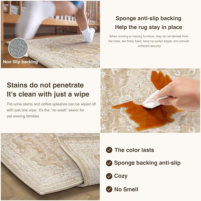 HUGEAR Machine Washable Area Rugs 8x10 Vintage Beige Brown Living Room Bedroom Rug Neutral Style Non Slip Stain Resistant Low Pile Throw Carpet for Home Retro Aesthetic Modern Decor