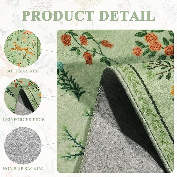 DUKINO 2x3 Rug, Washable Animal Rugs for Entryway, Non Slip Indoor Door Mat, Soft Low Pile Small Area Carpet for Entrance, Bedroom, Kitchen, Laundry, Bathroom, Light Green