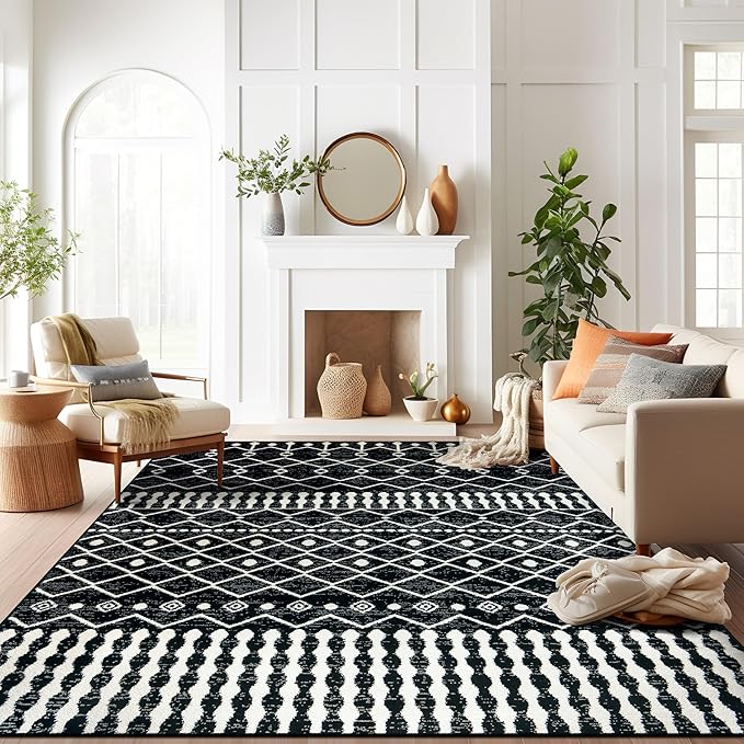 Rugshop Boho Black and White Tribal Area Rug – Geometric Diamond and Stripe Pattern Carpet for Living Room, Bedroom, or Entryway – Soft Modern Bohemian Floor Décor 7' 10" x 10' Black