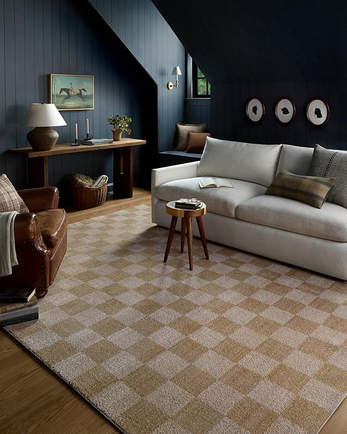 Loloi Chris Loves Julia Calvin Collection CLV-01 Wheat/Ivory 9'-6" x 12'-6" Area Rug Checkered Neutral Soft Living Room Bedroom Carpet
