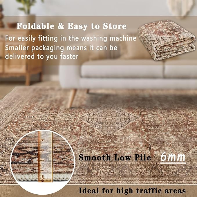 vivorug 6x9 Area Rugs, Ultra-Soft Washable Rug for Living Room Dinner Room Bedroom, Non-Slip Vintage Rug, Indoor Carpet Large Area Rug, Earth Tone