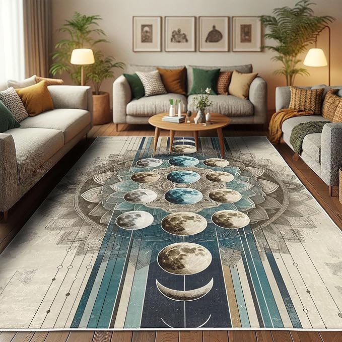 Ambesonne Lunar Art Decorative Rug, Oriental Bohemian Mandala with Moon Phase and Abstract Lines Modern, Quality Carpet for Bedroom Dorm and Living Room, 5' 1" X 7' 5", Cadet Blue and Eggshell