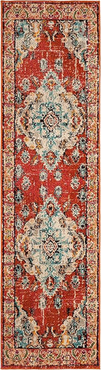 SAFAVIEH Monaco Collection Runner Rug - 2'2" x 16', Orange & Light Blue, Boho Chic Medallion Distressed Design, Non-Shedding & Easy Care, Ideal for High Traffic Areas in Living Room, Bedroom (MNC243H)