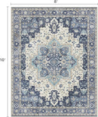 8x10 Area Rugs for Living Room, Machine Washable Non Slip Vintage Rugs, Low Pile Lightweight Print Rug for Bedroom, Dining Room, Home Office,Center Blue