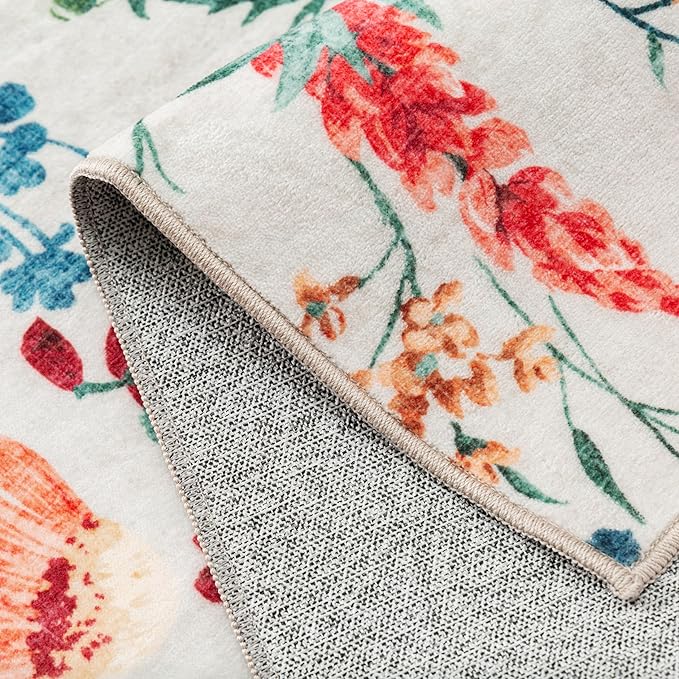 Floral Runner Rug 2x12 Washable Hallway Long Beige Bedroom Carpet Non Slip Indoor Boho Kitchen Low Pile Accent Rug Lightweight Soft for Bathroom Dining Laundry Living Room