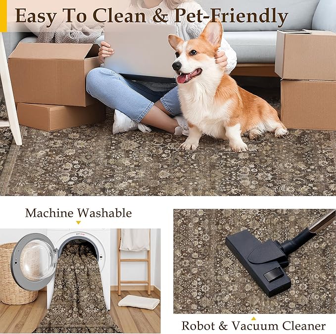 HUGEAR 2x6 Runner Rug Machine Washable Brown Hallway Area Rugs Indoor Accent Rugs Floral Low Pile Carpet Distressed Throw Rug Bedroom Living Room Office Dining Kitchen Laundry Non Slip