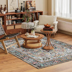 Washable Area Rug 9' x 12' Vintage Traditional Persian Mat - Foldable Distressed Non-Slip Machine Washable Carpet for Living Room Bedroom Kitchen Home Decor - Slate and Multicolor
