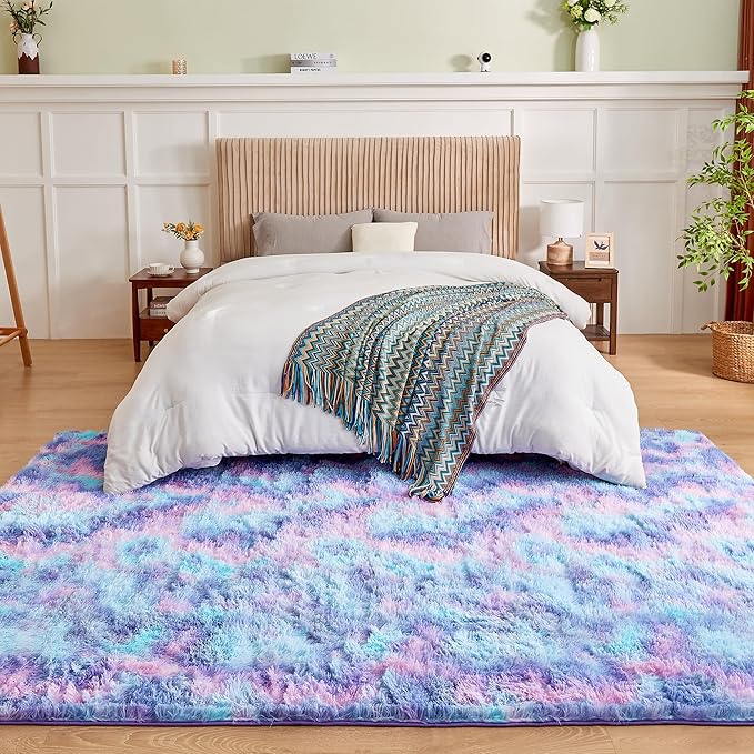 Andency Soft Area Rugs for Living Room Bedroom, 4x6 Fluffy Shaggy Bedside Rug, Non-Slip Large Shag Fuzzy Plush Carpets for Bedroom Kids Dorm Nursery Home Decor Aesthetic, Tie-Dyed Unicorn Rainbow