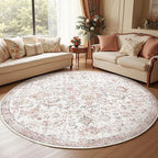 jinchan Kalen Round Rug 7ft Area Rug Washable Vintage Indoor Retro Accent Floor Cover Distressed Floral 7' Round Circle Boho Non Slip Thin Carpet for Living Room Dining Room Bedroom Kitchen Red