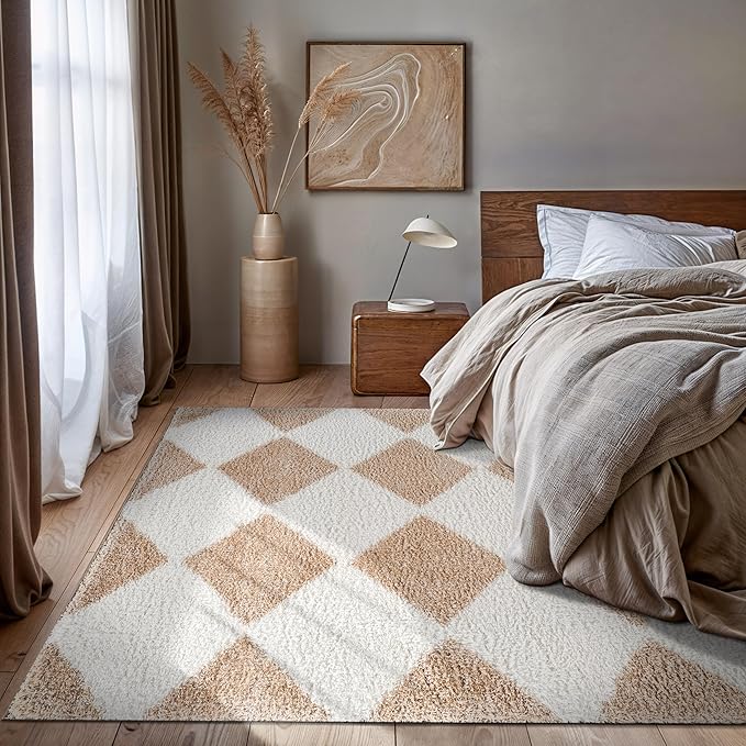 Rugshop Diamond Wave Shag Area Rug Beige 7' 10" x 10' Perfect for Large Living Rooms, Dining Areas, or Master Bedrooms