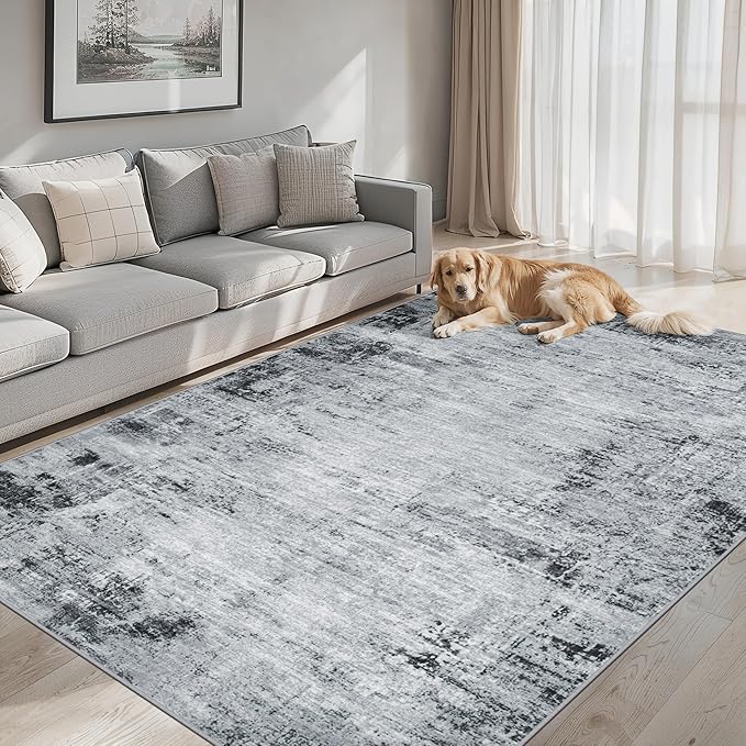 8x10 Area Rugs for Living Room - Washable Rug Modern Abstract Soft Large Neutral Non-Slip Carpet Indoor Floor Thin Carpets for Bedroom Dining Room Farmhouse Nursery Home Office Black