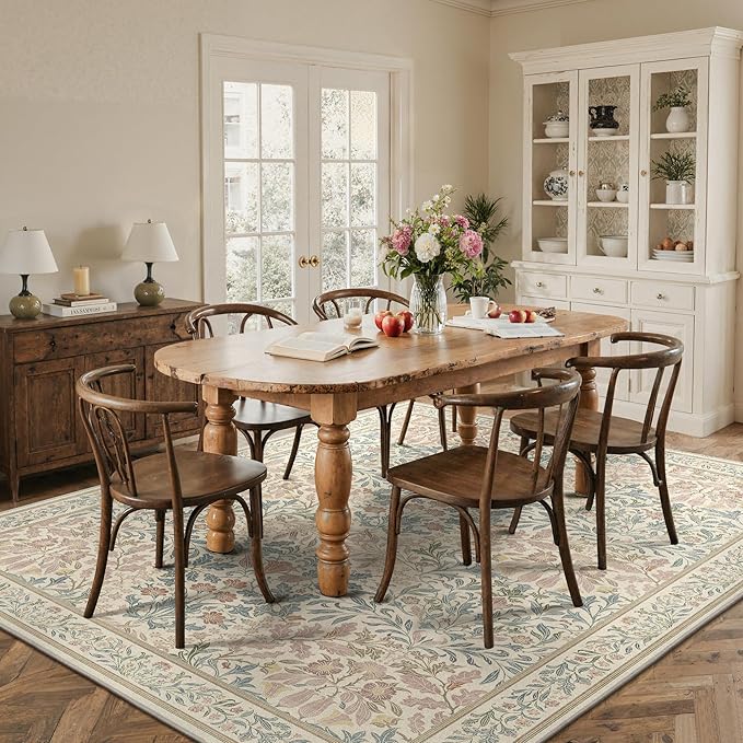 Bavni Floral Beige Pink Area Rugs 8x10, Vintage Boho Carpet Machine Washable, Non Slip Soft Low Pile Thin Rug for Bedroom, Living Room, Dining Room, Nursery