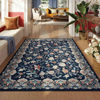 Rugcomf Vintage Paisley 3'x5' Area Rug - Machine Washable, Non-Slip Low Pile Small Floral Carpet for Bedroom, Bedside, Kitchen, Entryway, Kids/Girls Room, Office - Blue
