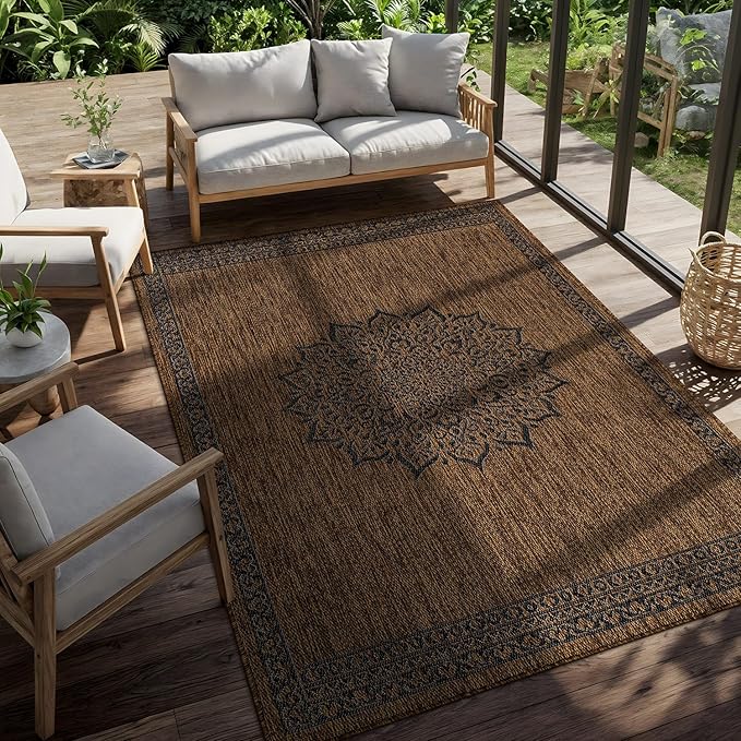 CAMILSON Outdoor Rug 5x7 Medallion Gold Modern Area Rugs for Indoor and Outdoor Patios Kitchen and Hallway Mats Washable Porch Deck Outside Carpet (Medallion Gold 5 x 7)