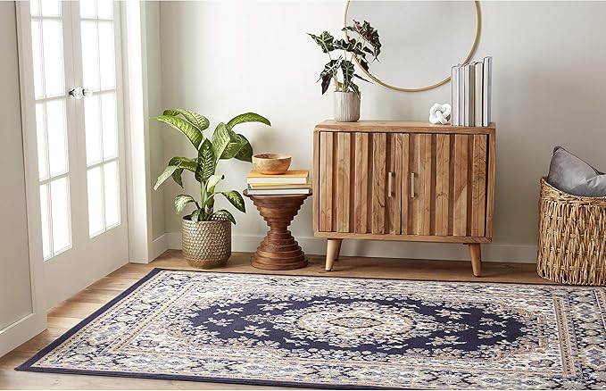 Home Dynamix Premium Sakarya Traditional Medallion Border Area Rug, Navy Blue, 3'7"x5'2" Rectangle