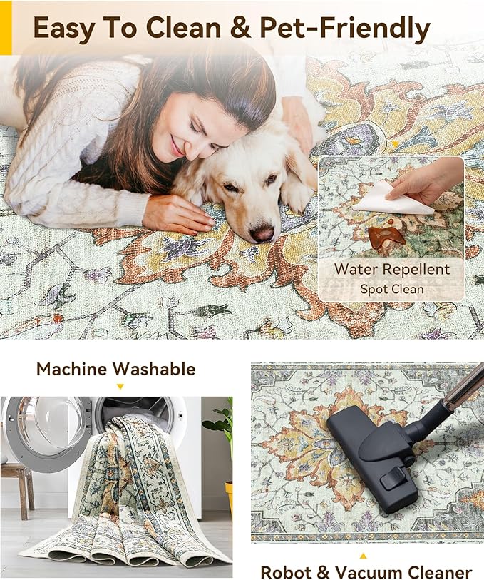 Area Rugs 2'x5' Washable Non-Slip, Floral Vintage Distress Print Pattern Medallion Carpet for Living Room Bedroom Dining Room, Light Yellow Carbon Grey Orange