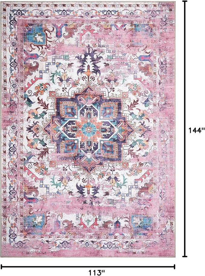 GLN Rugs Traditional Collection - Machine Washable Area Rug, Traditional Washable, Non Slip, Low Pile Chenille Rug, Living Room, Bedroom, Kitchen Rug (9' x 12' Pink/Multicolor)