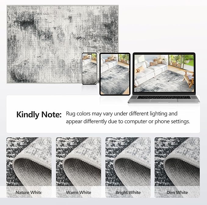 7x9 Washable Area Rugs - Modern Abstract Rugs for Living Room Non-Slip Low Pile Soft Machine Washable Carpet for Bedroom, Dining Room, Nursery, Home Office, Farmhouse (7'x9' Dark Grey)