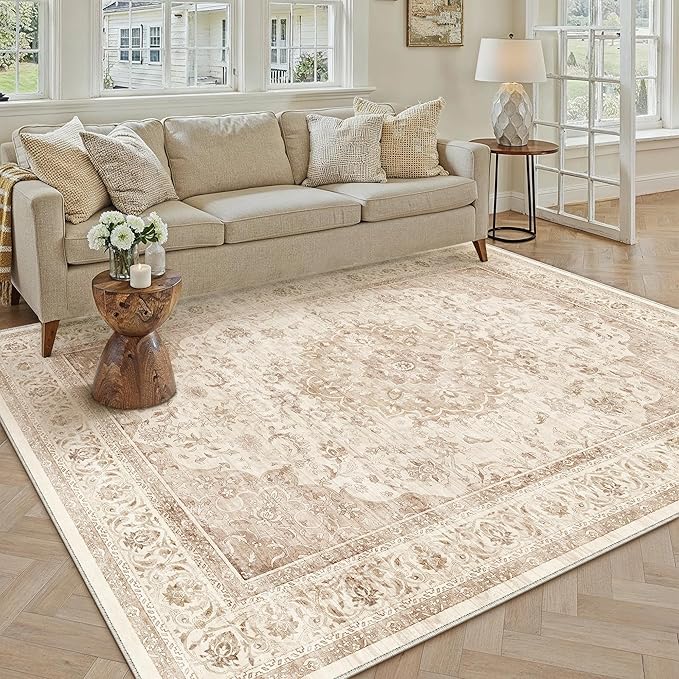5x7 Beige Washable Vintage Area Rug for Living Room Bedroom Soft Tranditional Non Slip Large Throw Rug Lightweight Floral Low Pile Distressed Carpet Office Playroom Dining Laundry Room