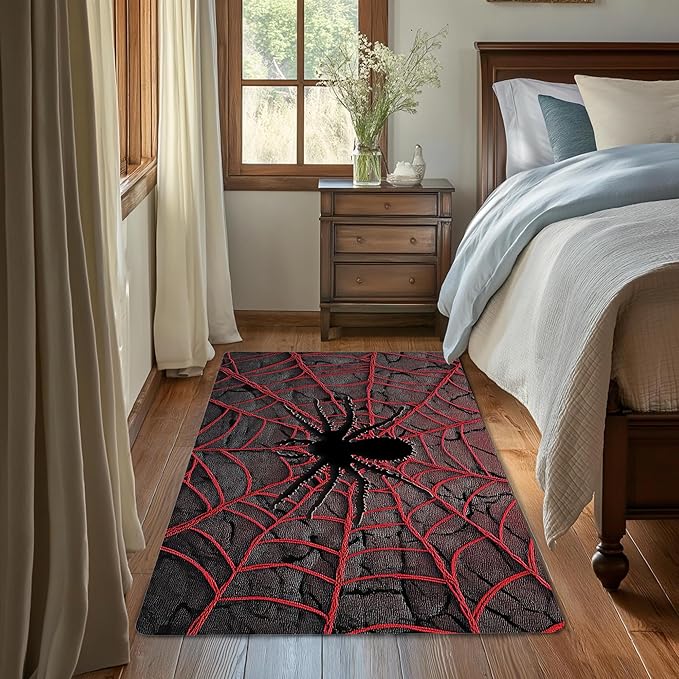 Red Spider Cool Washable Living Room Area Rug, Low Profile Abstract Pattern, 3x5 Non-Slip Backing Carpet for Kitchen, Bedroom, Dining Room