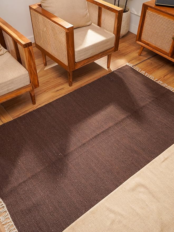 Rugsotic Carpets Hand Woven Flat Weave Kilim Wool ECO-Friendly Area Rugs - 4'x6', Rectangle Shape, Dark Brown Color, Solid Plain Design, Low Pile Handmade Rugs for Living Room, Bed Room (D00111)