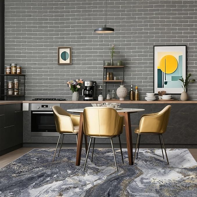 Abstract 8x10 Area Rugs: Modern Washable Rug for Living Room Bedroom Dining Room Indoor - Thin Low Pile Non-Slip Large Carpet - Black Gold