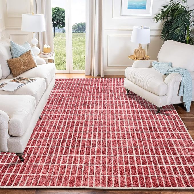 Hand-Tufted 100% Wool Area Rug – Unique Modern Geometric Grid Pattern, Soft Plush Textured Carpet for Living Room, Bedroom, Dining Room & Entryway (Brick Red, 8' x 10')