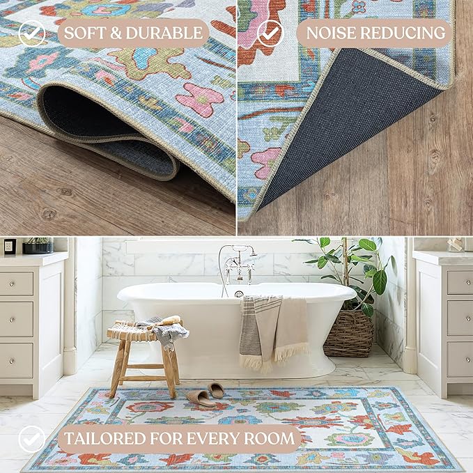 Fame Living Colorful Oushak Rug, Modern, Vintage, Turkish, Eclectic, Floral, Pastel, Washable, Extra Large Area Rugs for Living Room, Dining, Bedroom, Lounge, 9'x12'