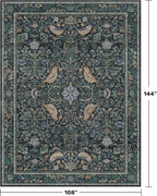 Washable 9x12 Area Rug for Living Room - Dark Blue Dining Rugs for Under Table, 9 by 12 Low Pile & Soft Boho Room Décor for Bedroom, Bird & Floral Design, Non-Slip