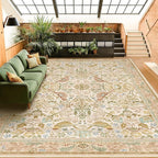 Washable Living Room Rug 8x10 - Country Style Beige Floral Area Rugs for Bedroom Under Bed, Dining Room Table Rug, Stain Resistant Non-Slip Neutral Farmhouse Décor with Light Blue and Green Accent