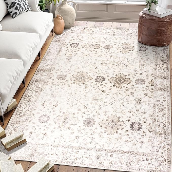 ReaLife Rugs Machine Washable Area Rug - Living Room Bedroom Bathroom Kitchen Entryway Office - Padded Crease Free Stain Resistant Premium - Boho Farmhouse Vintage- BEV- Beige - 2'x 3'