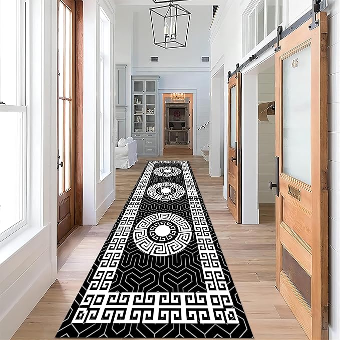 Modern Black White Geometric Kitchen Rug, 4x12ft, Greek Key Meander Design Entrance Rugs, Easy Clean Low Pile Washable Carpet, Soft Foldable No Crease Carpets for Porch Family