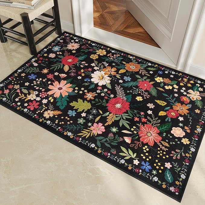 3x5 Area Rug, Floral Black Washable Rug for Entryway, Non Slip Flower Area Rugs, Soft Low Pile Indoor Doormat Small Carpet, Rugs for Living Room Bathroom Bedroom Nursery Kitchen Dining Room
