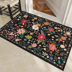 3x5 Area Rug, Floral Black Washable Rug for Entryway, Non Slip Flower Area Rugs, Soft Low Pile Indoor Doormat Small Carpet, Rugs for Living Room Bathroom Bedroom Nursery Kitchen Dining Room