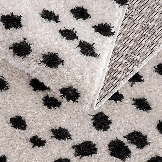 Hauteloom Tilos Dalmatian Hallway, Entryway Shag Runner Rug - Shaggy Runner Rug - Dot Pattern - High Plush Pile - Black, White - 2'7" x 7'3"