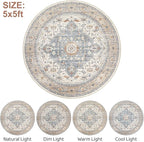 Round Rug Living Room Rugs: 5Ft Washable Boho Neutral Large Circle Soft Indoor Distressed Stain Resistant Floor Farmhouse Carpet for Bedroom Nursery Kids Playroom Office Dining Room Dorm- Beige Blue