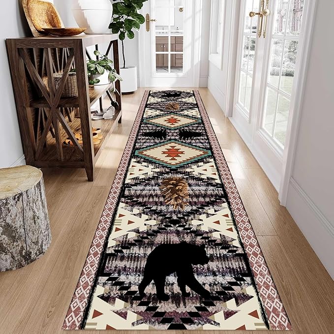 Wild Animal Runner, 4x12 ft Boho Southwestern Hallway Rug, Bear Pine Cone Long Runner, Comfortable Breathable Vintage for Kitchen Dining Room Office