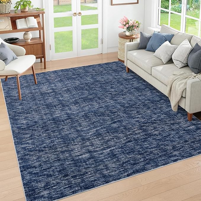 RUGSREAL Washable Area Rug for Bedroom 5x7 Contemporary Dining Room Throw Rug Low-Pile Solid Modern Rug Non-Slip Stain Resistant Home Office Solid Rug for Living Room Bedroom Kids Room, 5' x 7' Blue